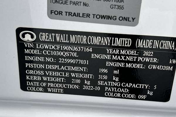 2022 GWM Ute Cannon Vanta NPW 4X4