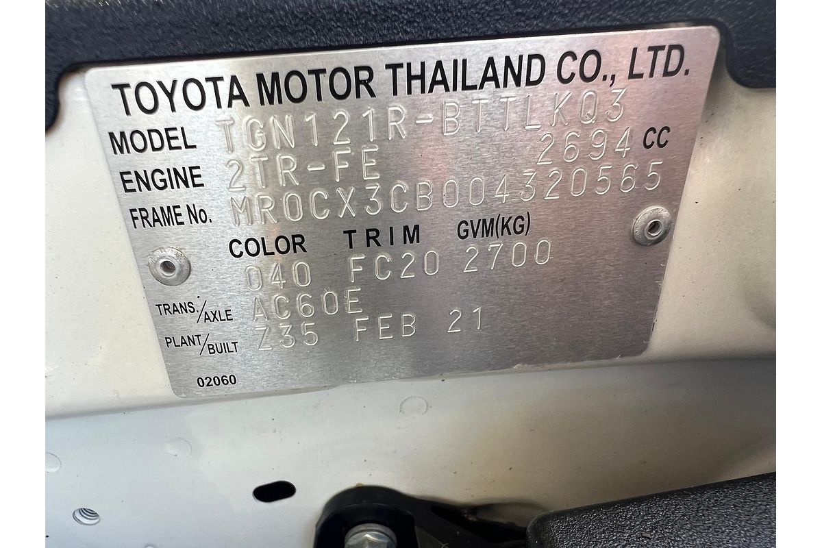 2021 Toyota Hilux Workmate TGN121R Rear Wheel Drive