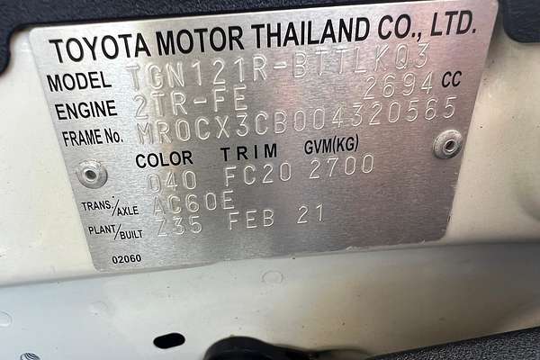 2021 Toyota Hilux Workmate TGN121R Rear Wheel Drive