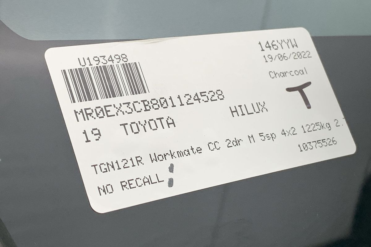 2019 Toyota Hilux Workmate TGN121R Rear Wheel Drive