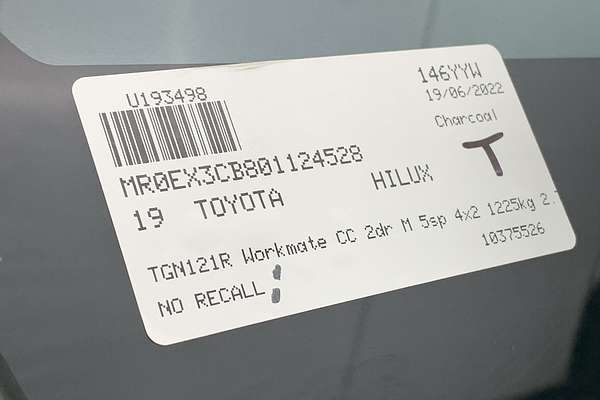 2019 Toyota Hilux Workmate TGN121R Rear Wheel Drive