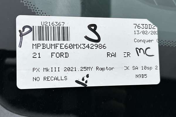 2021 Ford Ranger Raptor PX MkIII 4X4 2.0L