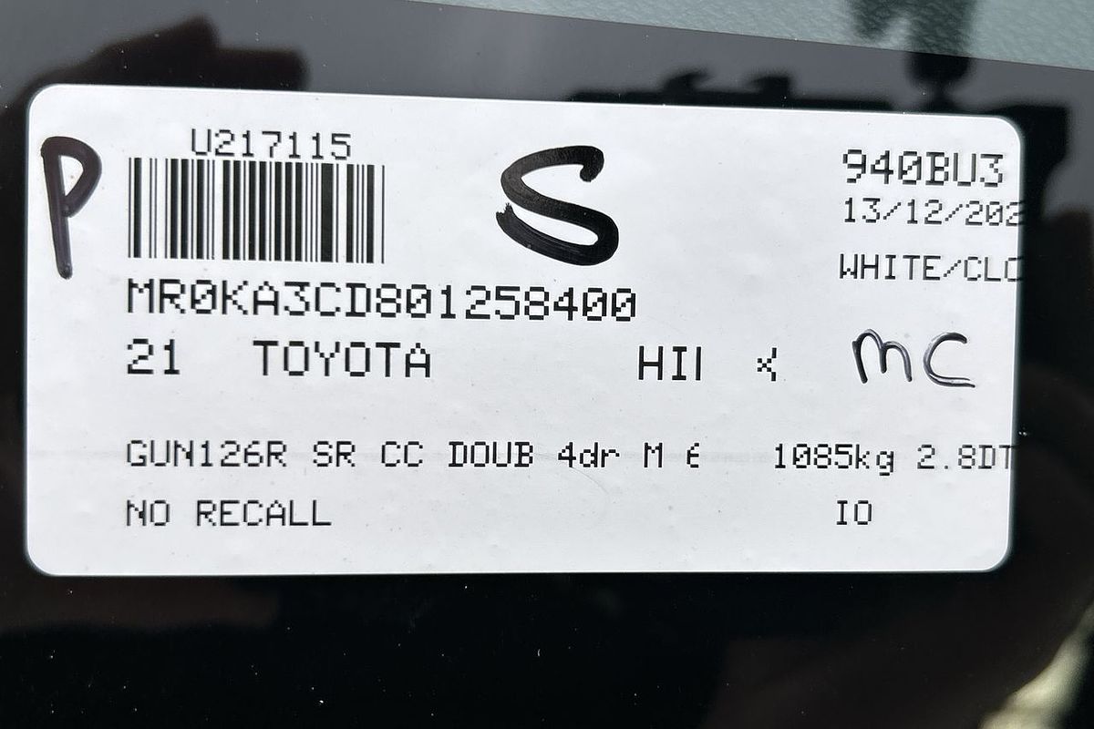 2021 Toyota Hilux SR GUN126R 4X4