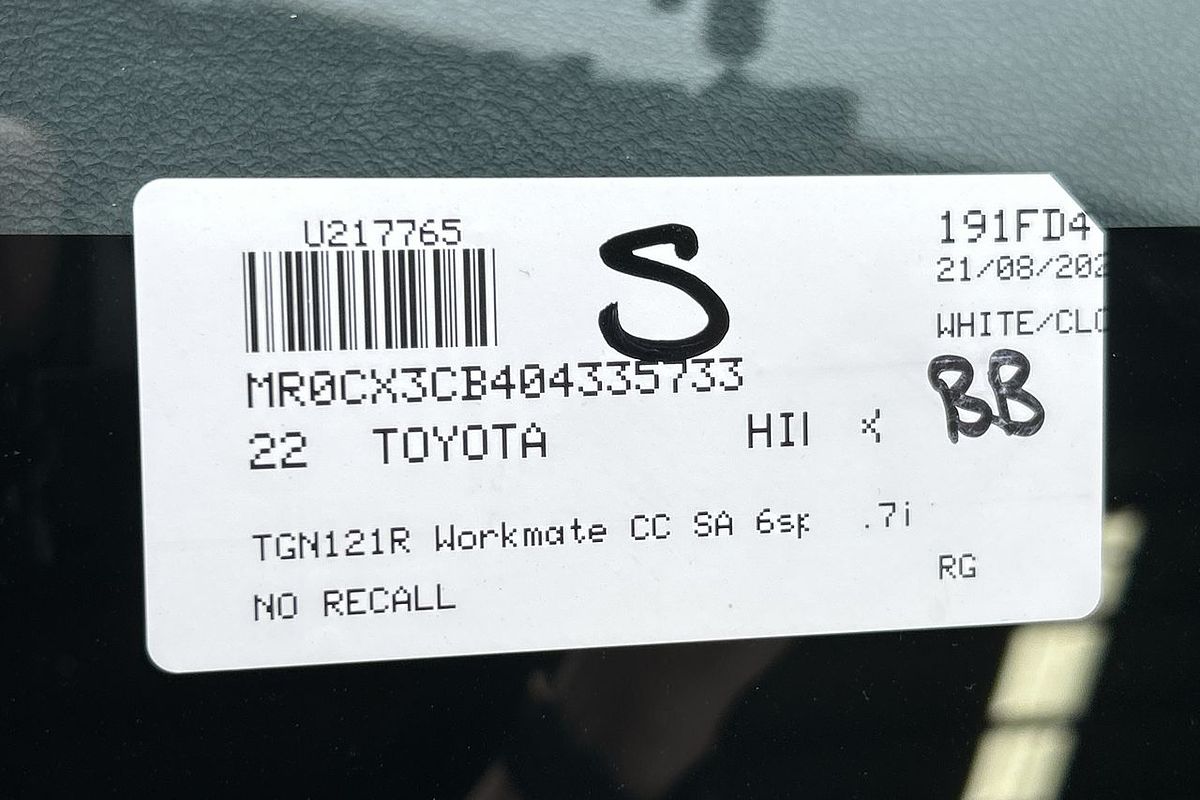 2022 Toyota Hilux Workmate TGN121R Rear Wheel Drive