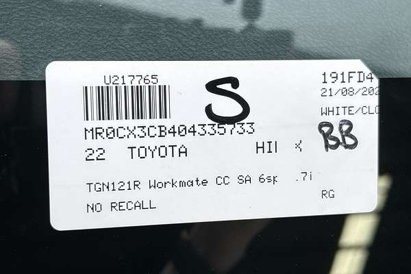 2022 Toyota Hilux Workmate TGN121R Rear Wheel Drive