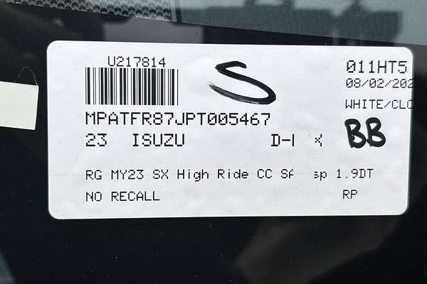 2023 Isuzu D-MAX SX High Ride Rear Wheel Drive