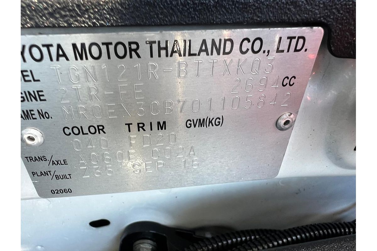 2016 Toyota Hilux Workmate TGN121R Rear Wheel Drive