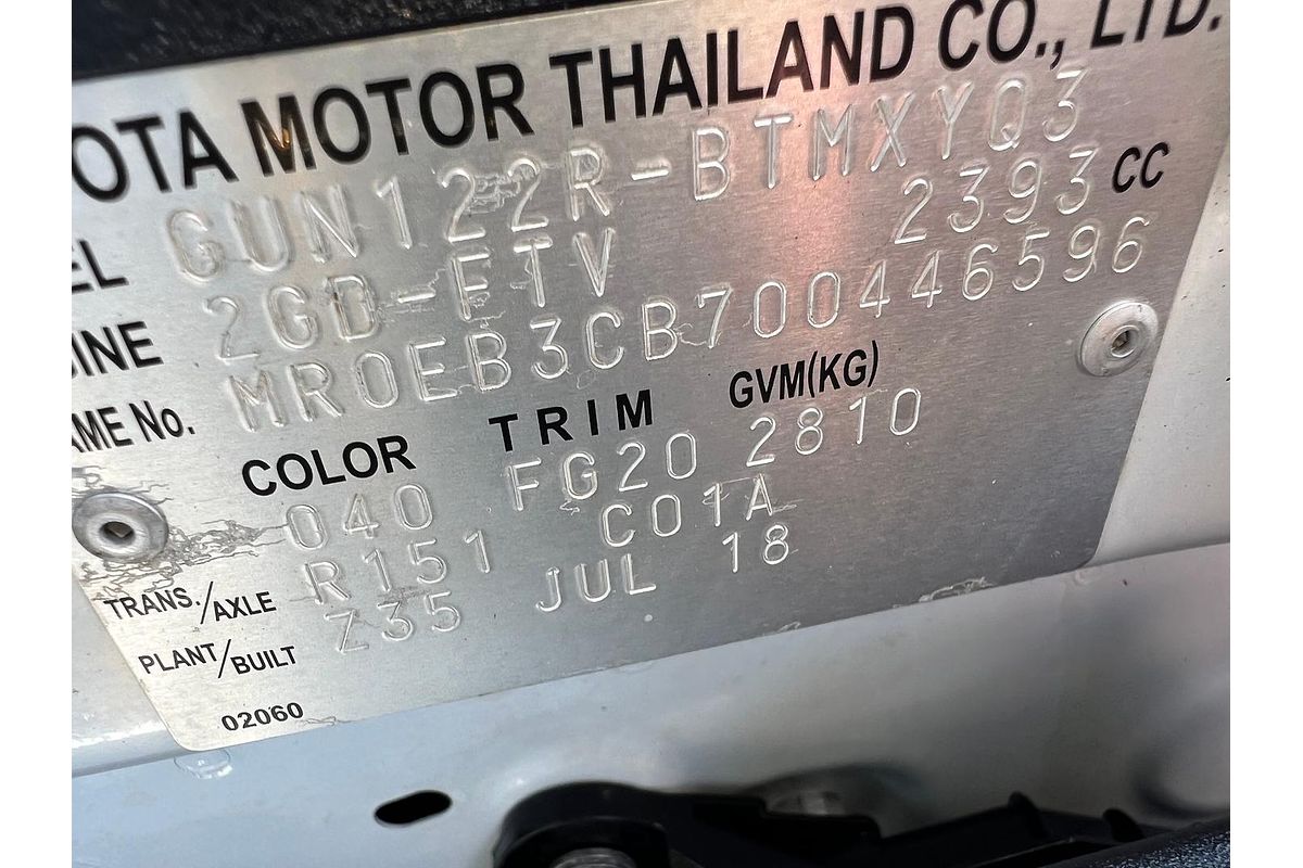 2018 Toyota Hilux Workmate GUN122R Rear Wheel Drive