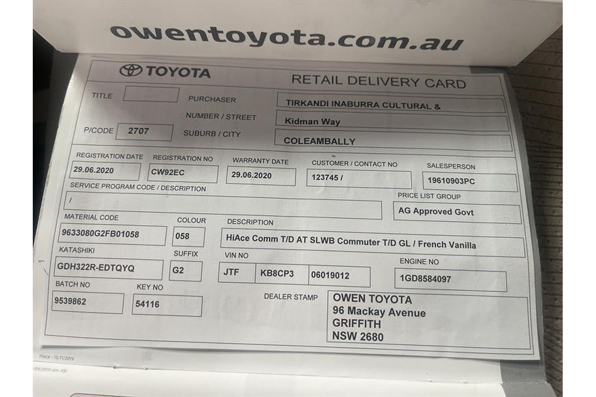 2020 Toyota Hiace Commuter GL GDH322R ELWB High Roof