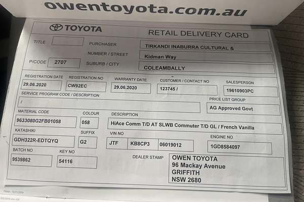 2020 Toyota Hiace Commuter GL GDH322R ELWB High Roof