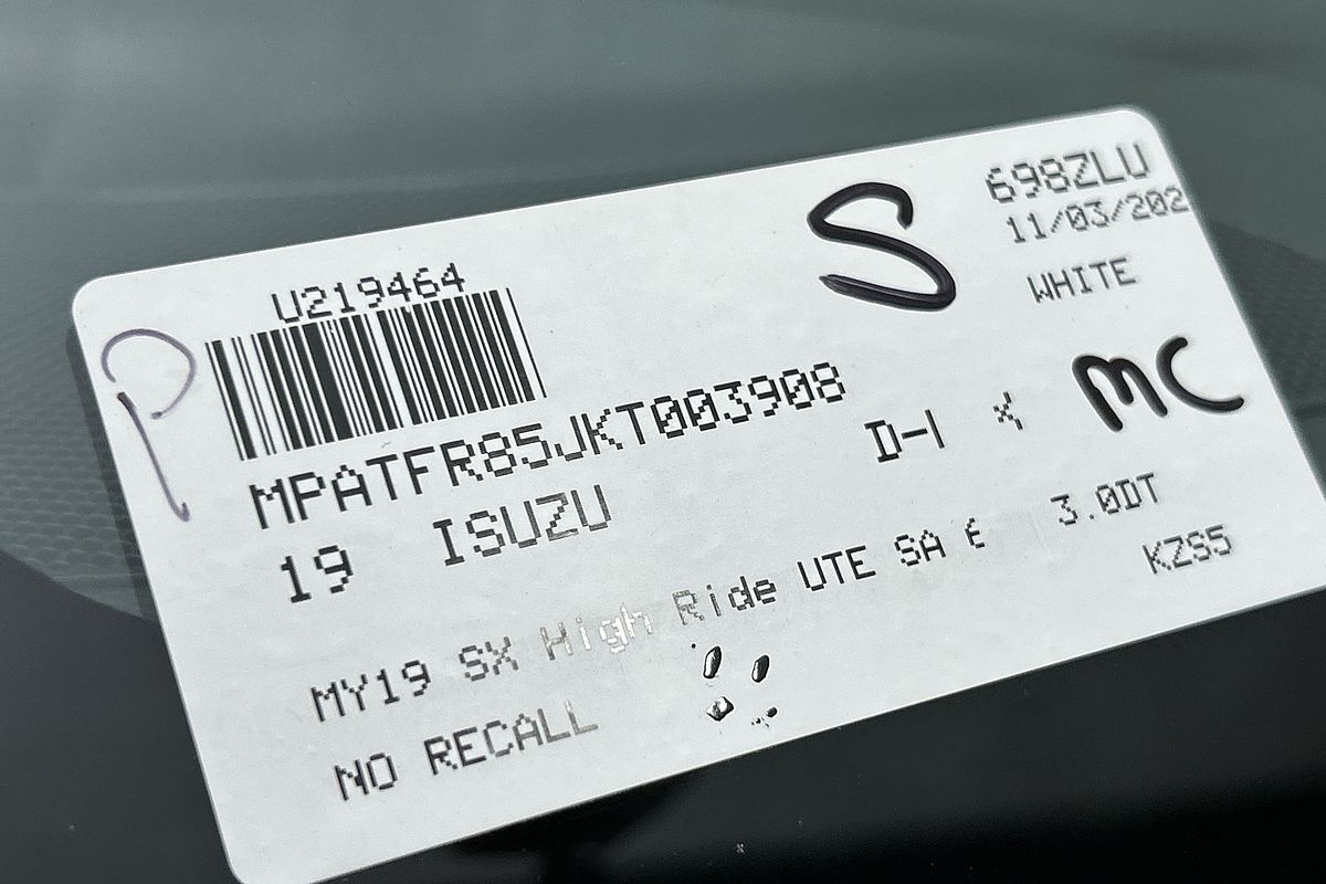 2019 Isuzu D-MAX SX High Ride Rear Wheel Drive