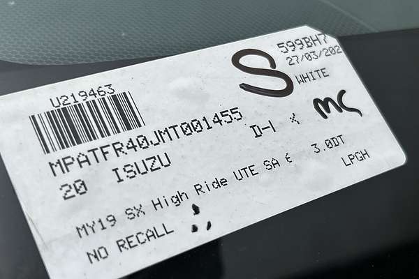 2020 Isuzu D-MAX SX High Ride Rear Wheel Drive