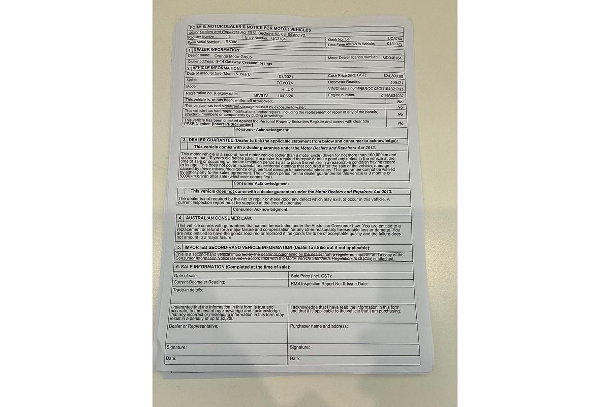 2021 Toyota Hilux Workmate TGN121R Rear Wheel Drive