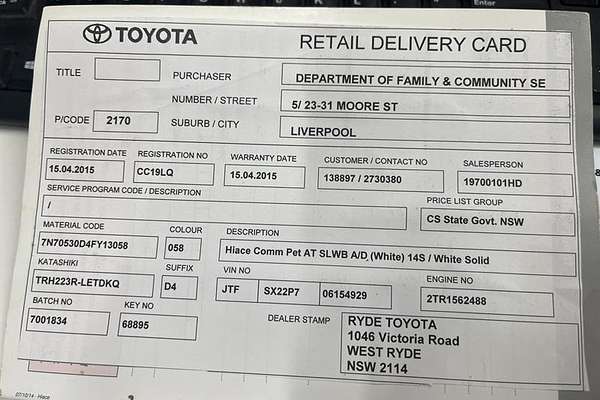 2015 Toyota Hiace Commuter TRH223R ELWB High Roof