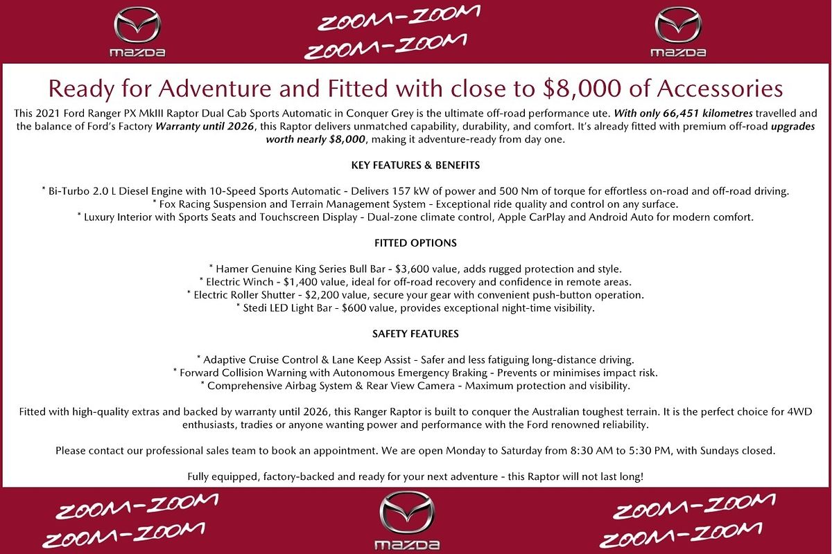 2021 Ford Ranger Raptor PX MkIII 4X4 2.0L