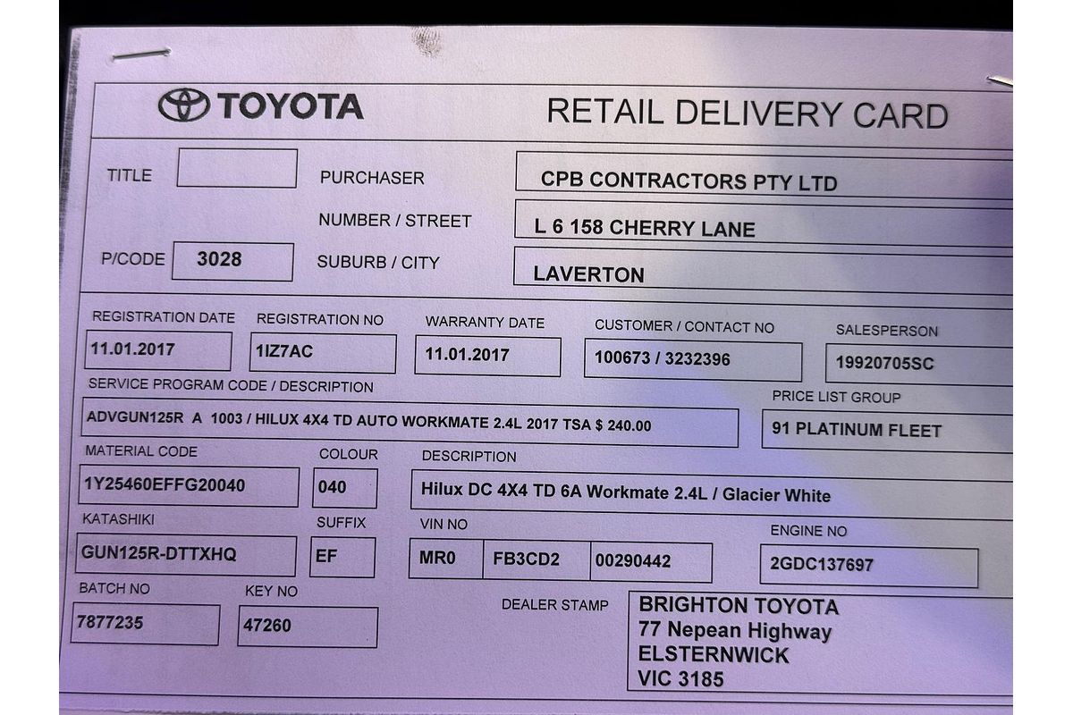 2016 Toyota Hilux Workmate GUN125R 4X4