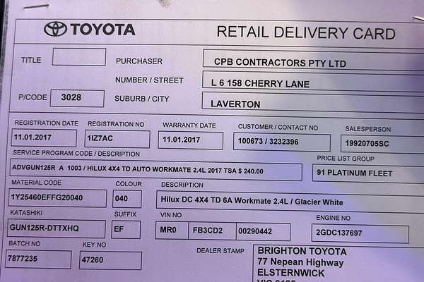 2016 Toyota Hilux Workmate GUN125R 4X4