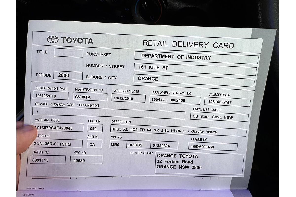 2019 Toyota Hilux SR Hi-Rider GUN136R Rear Wheel Drive