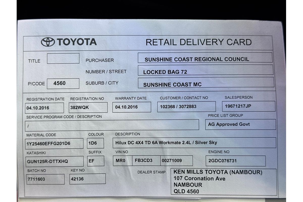 2016 Toyota Hilux Workmate GUN125R 4X4