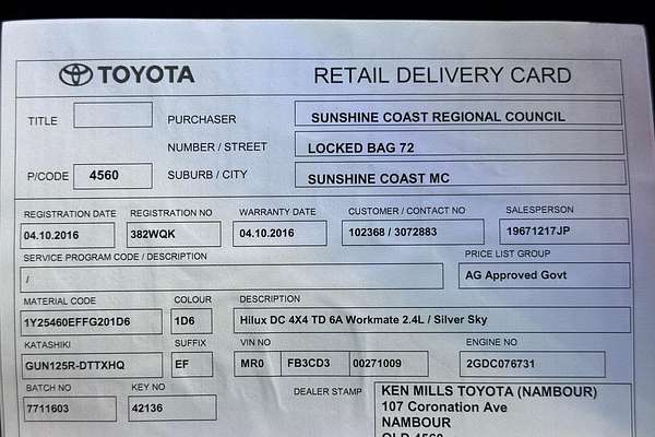 2016 Toyota Hilux Workmate GUN125R 4X4