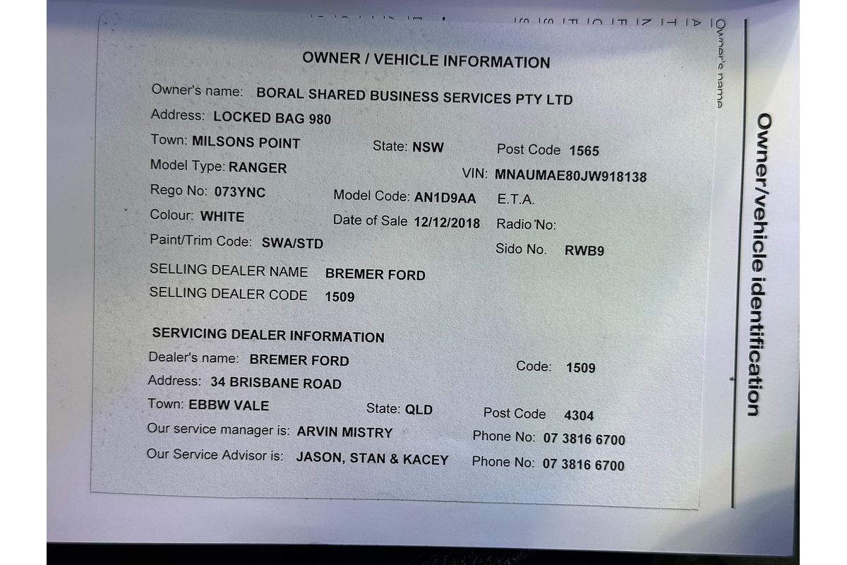 2018 Ford Ranger XL PX MkIII Rear Wheel Drive 2.2L