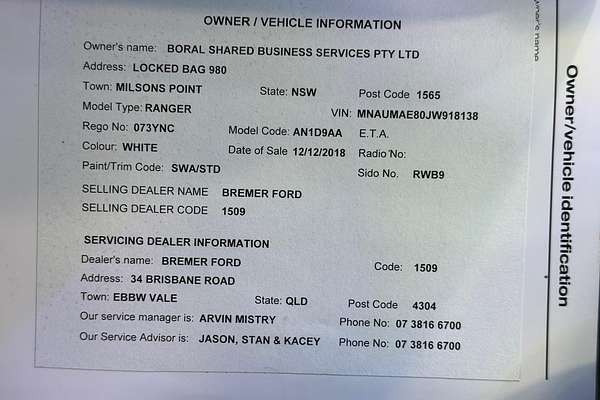 2018 Ford Ranger XL PX MkIII Rear Wheel Drive 2.2L