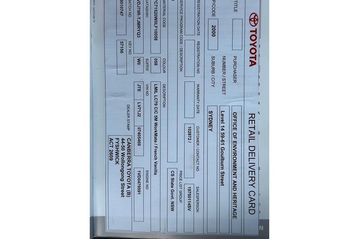 2019 Toyota Landcruiser Workmate VDJ79R 4X4