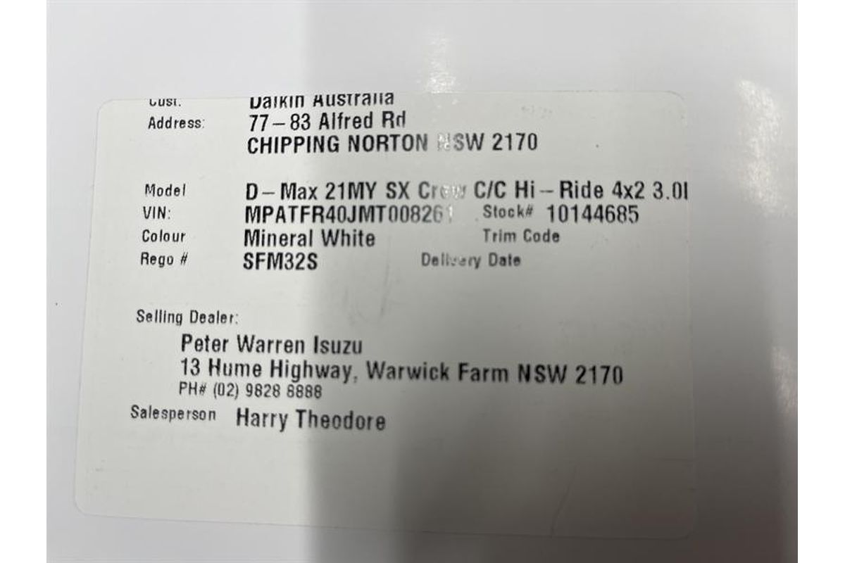 2021 Isuzu D-MAX SX High Ride Rear Wheel Drive