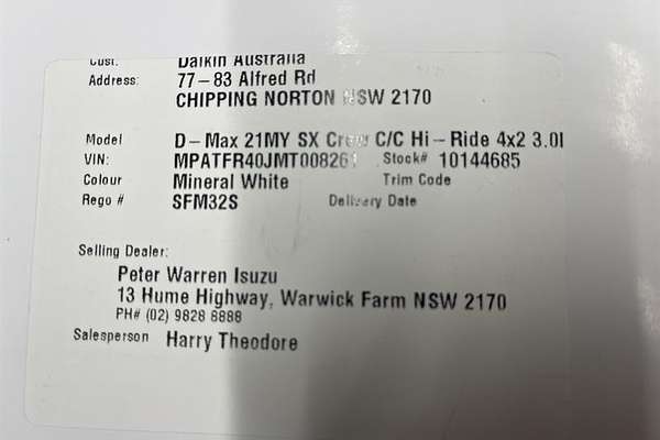 2021 Isuzu D-MAX SX High Ride Rear Wheel Drive