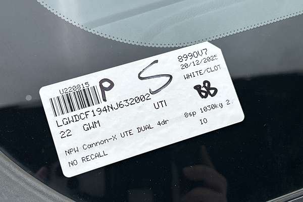 2022 GWM Ute Cannon-X NPW 4X4