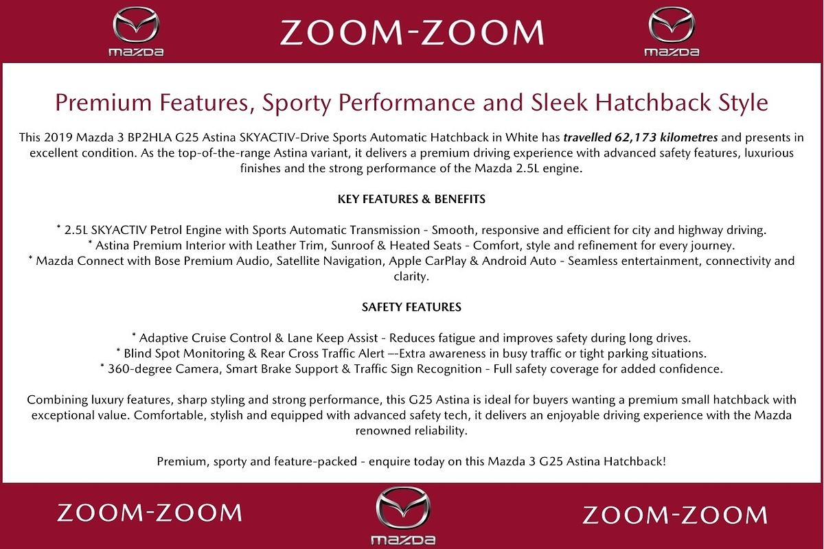 2019 Mazda 3 G25 Astina BP Series