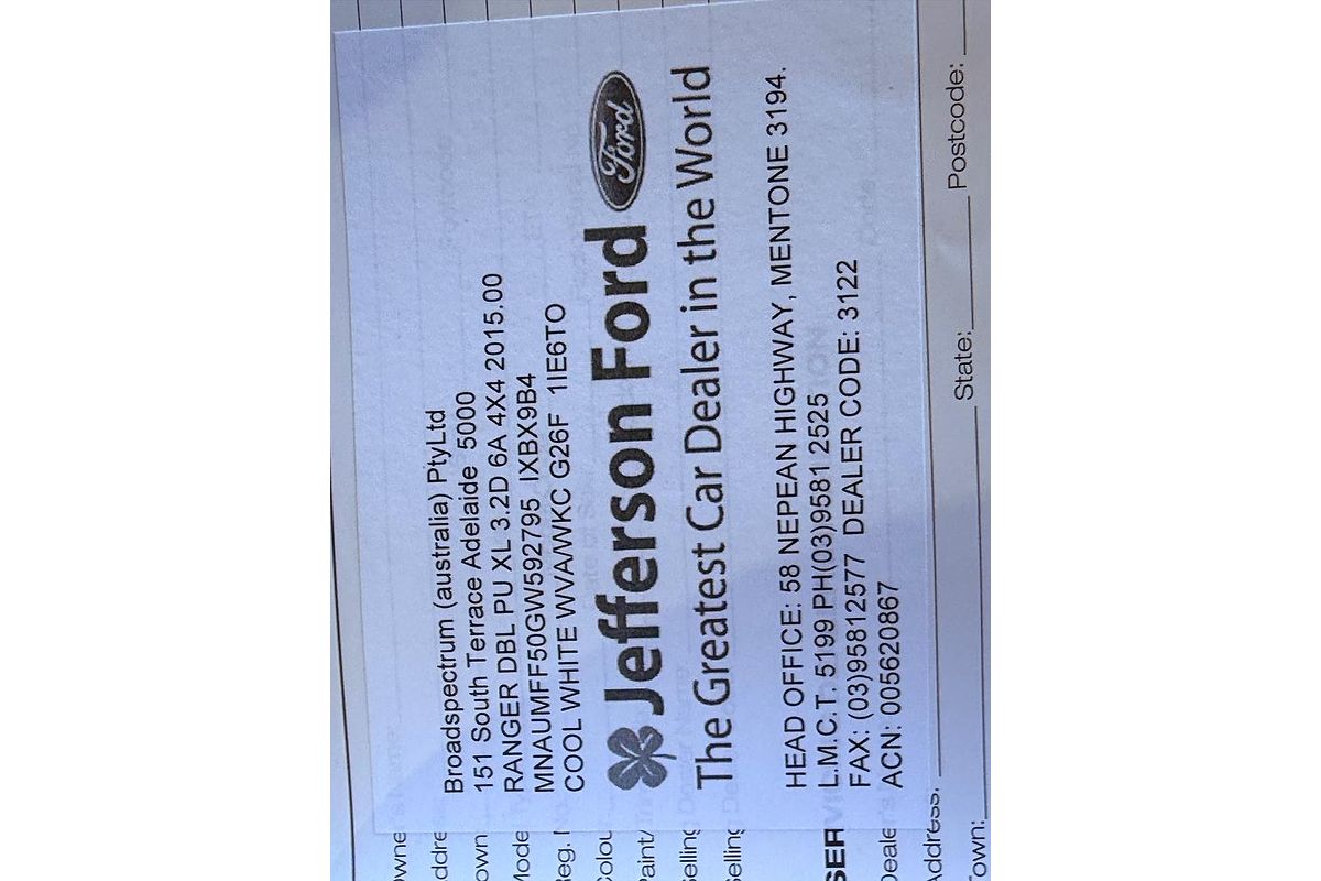 2016 Ford Ranger XL PX MkII 4X4 3.2L