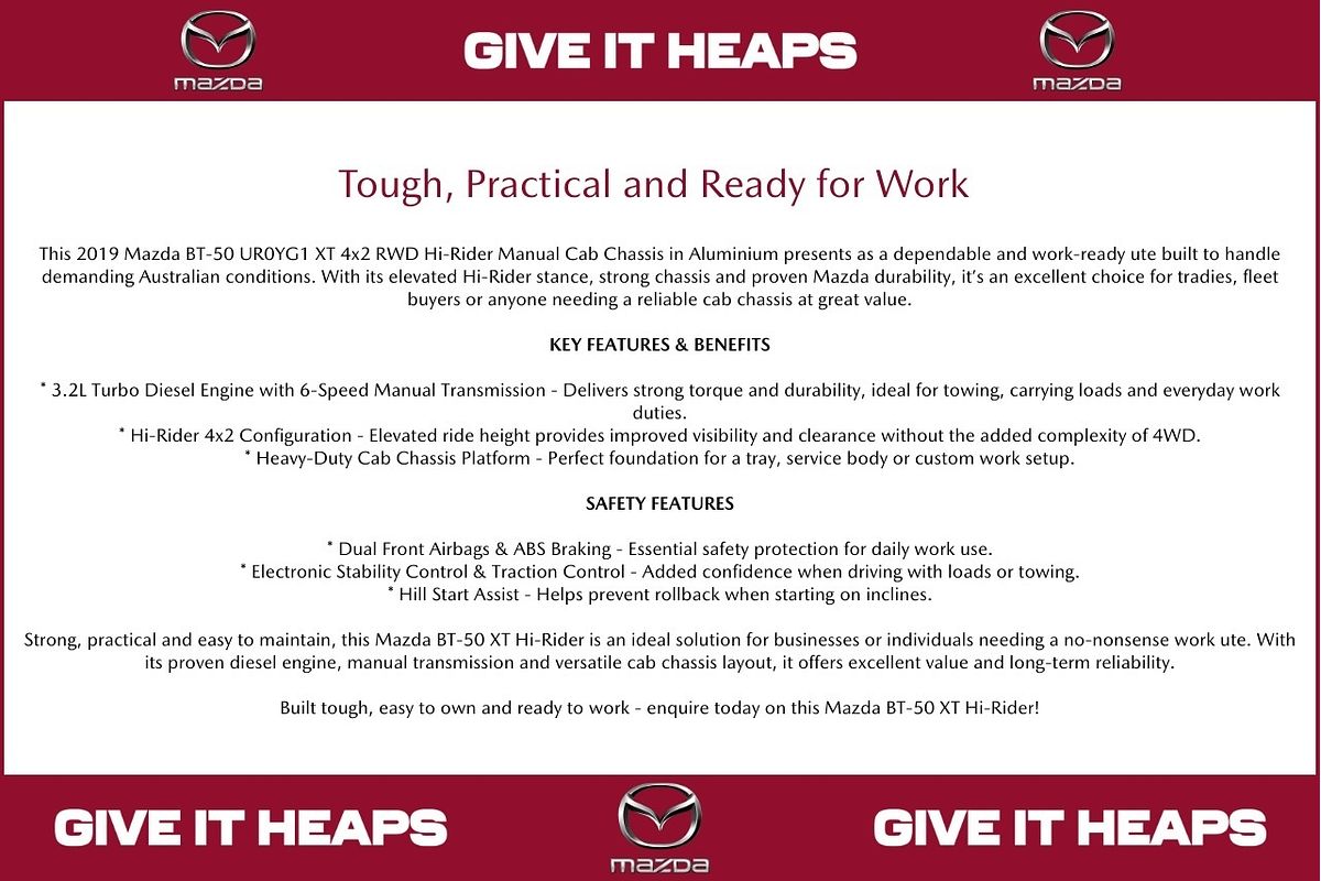 2019 Mazda BT-50 XT Hi-Rider UR Rear Wheel Drive