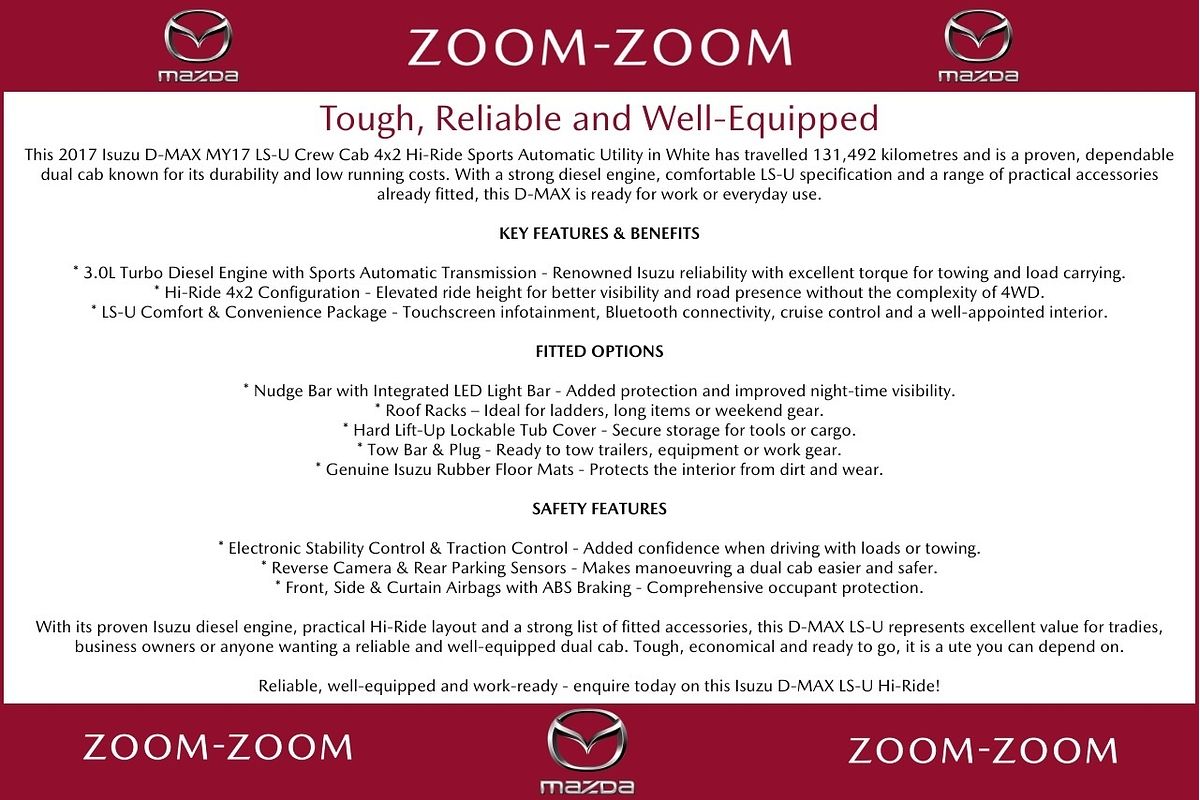 2017 Isuzu D-MAX LS-U High Ride Rear Wheel Drive