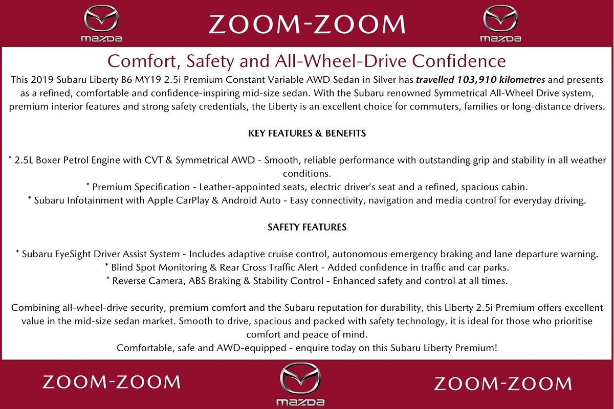 2019 Subaru Liberty 2.5i Premium 6GEN