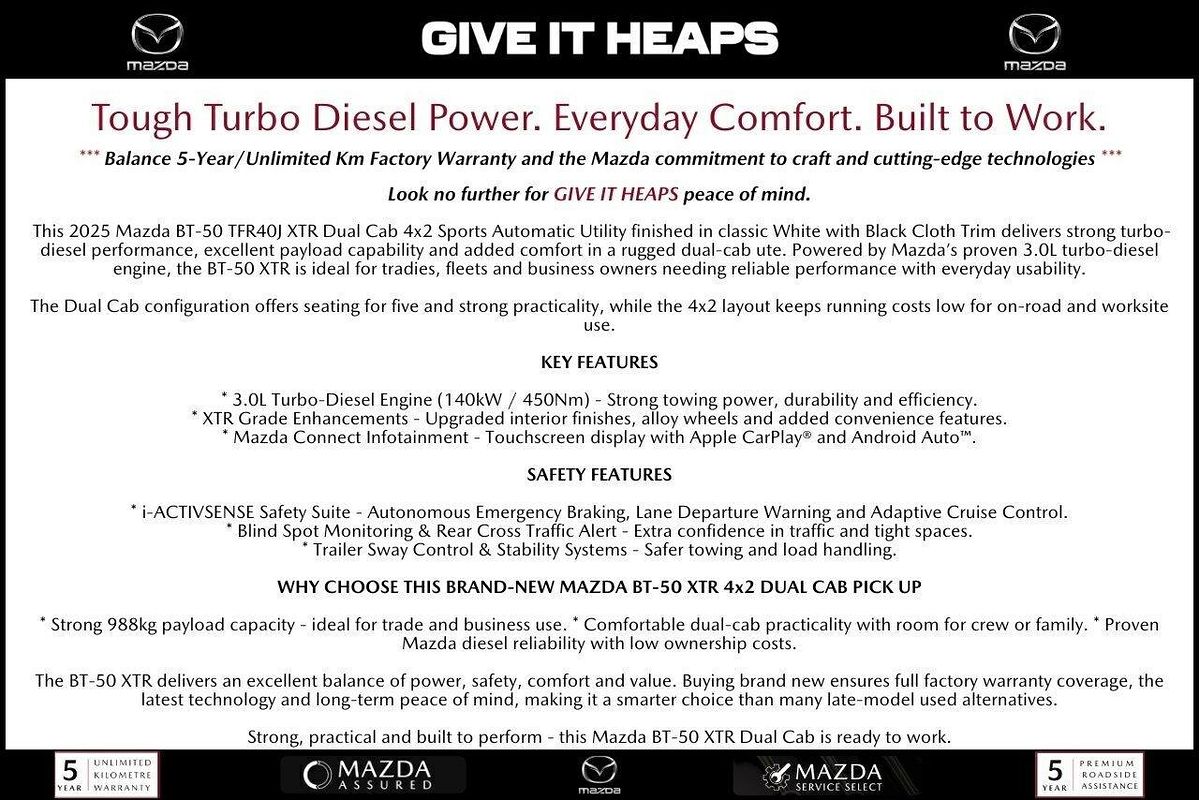 2025 Mazda BT-50 XTR TF Rear Wheel Drive